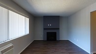 This single-floor space offers a thoughtfully designed living area that balances simplicity with functional detail. The living room serves as the focal point of the space, anchored by a bold, dark accent wall that frames a classic fireplace with a sleek wooden mantel — an inviting architectural feature that adds warmth and character to the room. Dark hardwood flooring runs throughout, providing a rich contrast against the light gray walls and white baseboards. A textured popcorn ceiling adds depth overhead, while a large window fitted with vertical blinds allows natural light to filter in, brightening the interior. The neutral tones of gray and white create a cohesive, modern-minimalist aesthetic that offers a versatile backdrop for a variety of furnishing styles. The open layout of the living area provides ample space for comfortable arrangement of furniture, making it well-suited for both relaxing and entertaining. Overall, the space presents a clean, move-in-ready environment with standout architectural elements, particularly the fireplace accent wall, that lend it a distinctive and cozy character.