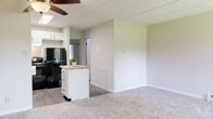 This single-floor unit offers a practical and comfortable layout designed for easy everyday living. The open living area is carpeted and bathed in natural light from a large window that frames views of mature trees and green outdoor surroundings. A ceiling fan overhead and a baseboard heating system ensure year-round comfort, while a wall-mounted air conditioning unit provides additional climate control.

The kitchen is efficiently designed with white cabinetry, dark countertops, and black appliances including an electric range and a full-size refrigerator. A freestanding kitchen island with a butcher block top and built-in drawers adds extra prep space and storage flexibility. The kitchen flows seamlessly into the living space, creating an open and connected feel throughout.

The bathroom features a white vanity with dark countertops, a framed mirror, and a shower-tub combination, all finished with wood-look flooring for a clean, modern touch. The bedroom includes a generously sized walk-in closet with a full-width hanging rod and built-in shelving, offering ample storage. Soft carpet extends through the bedroom and living areas, adding warmth and comfort. The panel ceiling detail visible throughout adds a subtle architectural character to the space.