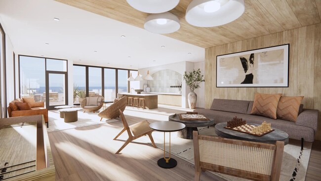 Sky lounge con vista al mar, asientos cómodos y terraza al aire libre en los apartamentos Modera Revere Beach, cerca de Boston. - Modera Revere Beach