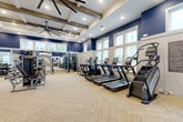 Located in Jonesboro, GA, this expansive fitness center offers a generously sized, single-floor layout designed to accommodate a full range of workout activities. The space is defined by its dramatic coffered ceilings adorned with rustic wood beams and oversized ceiling fans, creating a sophisticated yet energizing atmosphere. Bold navy blue accent walls contrast beautifully with crisp white trim and wainscoting, lending the facility a polished, upscale aesthetic.

Natural light pours in through numerous large windows positioned along multiple walls, providing bright, welcoming views of the surrounding community. The main workout floor is finished with durable, textured carpet in a herringbone pattern, offering both comfort and traction underfoot.

The fitness area is comprehensively equipped with a full lineup of cardio machines—including treadmills, ellipticals, and stair climbers—alongside a robust selection of strength training equipment such as cable machines, multi-function weight stations, and a full dumbbell rack. A dedicated studio section features spin bikes, floor-to-ceiling mirrors, a wall-mounted television, medicine balls, resistance bands, and functional training accessories. Recessed lighting throughout ensures consistent illumination across all zones, making this fitness center a well-appointed destination for all levels of exercise.