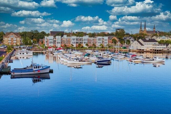 Charlottetown Harbor with boats under a bright sky