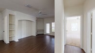 This single-story home presents a thoughtfully designed open layout with a neutral color palette throughout. The main living area is a standout feature, showcasing rich, dark hardwood flooring that extends through the primary spaces, complemented by crown molding and a ceiling fan with a light fixture overhead. A decorative arched alcove with built-in shelving adds architectural character to the living room, while a built-in bench near the back door provides functional detail. Natural light enters through a glass-paneled back door and an adjacent window, enhancing the bright, airy atmosphere.

The dining area connects seamlessly to the living space and is accented by a pendant light fixture, with tile flooring marking the transition near the entryway. The kitchen is galley-style, featuring warm wood cabinetry, dark countertops, a tile backsplash, tile flooring, and white appliances including a range, microwave, refrigerator, and dishwasher. A breakfast bar provides an open pass-through to the living and dining areas.

The bathroom includes a full tub-shower combination with white tile surround. A spacious walk-in closet with wire shelving and carpet flooring offers generous storage. The home provides a clean, functional living environment throughout.
