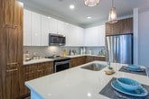 Located at 19 Academy St in the heart of Alpharetta, GA, this single-floor residence offers a thoughtfully designed layout that blends modern aesthetics with everyday functionality. The open-concept kitchen is a standout feature, boasting a two-tone cabinetry scheme that pairs crisp white upper cabinets with rich wood-grain lower cabinets, complemented by stainless steel appliances, a subway tile backsplash, quartz countertops, and a central island with seating — ideal for casual dining or entertaining. Dark hardwood flooring anchors the kitchen and flows into the adjacent living and dining areas, where large windows and sliding glass doors invite abundant natural light and provide views of the surrounding neighborhood. The living area offers a relaxed, sophisticated ambiance with neutral tones and a ceiling fan overhead. The bedroom features plush carpeting, generous natural light from oversized windows, and direct access to a spacious walk-in closet outfitted with built-in shelving and rods. The en-suite bathroom is elegantly finished with a glass-enclosed shower, a dual-sink vanity with wood cabinetry and quartz countertops, open shelving for storage, and clean, light-toned tile flooring. Every detail throughout this residence reflects a commitment to contemporary design and comfortable living.
