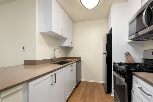 Renovated I kitchen with quartz countertops, stainless steel appliances, and hard surface flooring - eaves Los Feliz