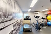 Located at 8717 Riverside Dr E in Windsor, Ontario, this well-equipped fitness center offers a comprehensive workout facility within a compact, efficiently organized space. The gym is defined by a striking full-wall black-and-white photographic mural depicting a historic city skyline and waterfront scene, lending a distinctive urban character to the room's ambiance.

The fitness floor is finished with durable rubber flooring suitable for high-impact activity, and the space is illuminated by recessed rectangular panel lighting mounted on a clean white ceiling. A wall-mounted split air conditioning unit ensures comfortable temperature control during workouts.

Cardio equipment is well-represented, with multiple treadmills and elliptical trainers positioned to maximize the use of the floor area. A stationary bike adds further variety to the cardiovascular offerings. Strength and flexibility training are supported by a full dumbbell rack, a weight bench, medicine balls, and a collection of colorful exercise balls in multiple sizes. A large wall-mounted flat-screen television provides entertainment, while floor-to-ceiling mirrors on one wall visually expand the space and assist with form during exercise. A window allows for natural light to supplement the overhead lighting, contributing to an open and energizing atmosphere.