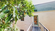 This single-storey space is presented within a rendered masonry building distinguished by its neutral cream exterior walls and a contrasting sage-green upper fascia and roofline, lending the structure a calm, understated character. The exterior is framed by mature trees — notably large-leafed tropical varieties — whose canopies cast dappled light across the building's facade and surroundings, creating a lush, private ambiance.

Access to the space is via a dedicated metal-railed staircase, leading to a sage-green glazed entry door featuring traditional multi-pane glass panels that allow natural light to filter into the entry area. Internally, the entry foyer includes a secondary solid door alongside the glazed exterior door, providing both privacy and utility. A wall-mounted light fixture above the entry door adds a functional yet characterful touch to the threshold.

The building's exterior also features a small framed window on the side elevation, hinting at a compact but considered interior layout. The surrounding greenery, brick-paved pathways, and tree-shaded setting contribute to a tranquil, secluded atmosphere that distinguishes this space from its immediate surroundings.