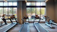 This fitness center is thoughtfully designed to accommodate a full range of exercise needs within a single, open-plan level. The space is divided into two primary zones: a cardio area and a strength training area, each finished with distinct flooring to delineate function. The cardio zone is anchored by a row of Precor treadmills and elliptical machines positioned directly in front of expansive floor-to-ceiling windows. These large, grid-paned windows flood the area with natural light and offer views of surrounding greenery and the urban streetscape beyond, creating an energizing atmosphere during workouts. Structural columns punctuate the space, adding an architectural rhythm without interrupting the open feel. The strength training area features a selection of cable machines, a multi-station weight system, adjustable benches, and a dumbbell rack. A teal accent wall paired with large wall-mounted mirrors visually expands this zone while allowing users to monitor their form. Linear LED lighting runs across the ceiling, providing consistent, bright illumination throughout. A water fountain station is conveniently integrated along the wall. The overall design balances a clean, contemporary aesthetic with practical functionality.