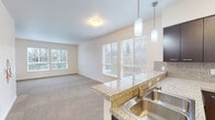 This single-floor residence offers a thoughtfully designed open-concept layout that seamlessly connects the kitchen and living areas. The kitchen is a standout feature, equipped with rich dark-espresso cabinetry, granite countertops with a matching tile backsplash, a full suite of stainless steel appliances including a refrigerator, range, and microwave, and durable light hardwood flooring. A breakfast bar with pendant lighting bridges the kitchen to the living space, providing a casual dining and gathering area. The living and dining areas are generously proportioned, carpeted for comfort, and bathed in natural light from multiple large windows fitted with blinds that frame lush greenery views. The bedroom is a calm, well-sized retreat, also carpeted and featuring a window that invites natural light. The bathroom is finished with the same granite countertops seen throughout, dark cabinetry with chrome hardware, a large mirror, tile flooring, and includes accessibility-friendly grab bars. Neutral walls and consistent finishes create a cohesive and clean aesthetic across the entire space, contributing to a bright and inviting atmosphere.