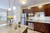 This thoughtfully designed studio in Arlington, MA, makes efficient use of its single-floor layout, offering a comfortable and functional living environment. The open-concept kitchen anchors the space with rich, dark-stained cabinetry, granite countertops, stainless steel appliances — including a refrigerator, dishwasher, and range — and a kitchen island with pendant lighting overhead, ideal for casual dining or meal prep. Light hardwood-style flooring flows through the kitchen and living areas, lending warmth throughout.

A sliding textured panel divider separates the sleeping area from the main living space, providing a sense of privacy while preserving the open feel. The sleeping area is bathed in natural light from multiple windows with views of lush greenery, and features plush carpeting for added comfort.

The combined living and dining area offers flexible space for everyday living, while the full bathroom features tile-surround tub/shower combination and hardwood-style flooring. Two closets provide ample storage, and an in-unit laundry adds everyday convenience. The bright, neutral palette throughout creates a clean, inviting ambiance well-suited to modern urban living.
