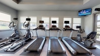 This single-story fitness center is designed to support an active lifestyle, offering a well-equipped cardio area as its centerpiece. The workout space features multiple treadmills and an elliptical trainer, each outfitted with individual monitors for entertainment during exercise. The room is finished with neutral gray walls and recessed lighting overhead, creating a clean and focused atmosphere. A row of roller-shade windows lines one wall, allowing natural light to filter in while maintaining a comfortable environment.

The fitness center connects directly to an expansive outdoor amenity area. Large glass doors open to a covered patio with views of a generously sized swimming pool and adjacent spa. The pool deck is furnished with lounge chairs and umbrella-shaded seating, surrounded by mature trees that provide shade and a park-like setting. The exterior of the building features a stucco facade with dark wood-accented doorways and wall-mounted lighting, contributing to a warm, inviting character. The multi-story residential buildings surrounding the pool area are constructed with brick and wood siding, framing the courtyard and lending a cohesive architectural aesthetic to the overall community. The combination of indoor fitness amenities and outdoor recreational space makes this facility a comprehensive destination for health and leisure.
