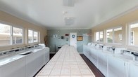 This single-floor communal laundry facility is designed for efficiency and ease of use. The room is laid out with rows of full-sized washing machines and dryers lining both side walls, providing ample capacity for residents. At the center of the space sits a long, tiled folding table, offering a generous surface for sorting and folding laundry. The room features dark hardwood-style flooring that contrasts cleanly with the light-colored walls and white appliances. Crown molding adds a subtle finishing touch to the ceiling line, lending the space a polished appearance. Multiple windows along the walls invite natural light, keeping the room bright and open. A utility sink is conveniently positioned near the back wall, and a doorway provides additional access. Informational signage and a bulletin board are mounted on the walls, keeping users informed of facility rules and notices. A smoke detector is visible on the ceiling, reflecting attention to safety. Overall, the space is clean, functional, and thoughtfully organized to serve the practical needs of its users.