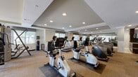 Located at 5 Promenade Blvd in Fair Lawn, NJ, this fitness center offers a thoroughly outfitted, single-floor facility designed to support a wide range of workout routines. The space is organized into distinct exercise zones, each thoughtfully arranged to maximize functionality and flow.

The cardio area is well-stocked with a row of True-brand treadmills, stationary upright and recumbent bikes, and elliptical machines, all positioned near windows that allow natural light to filter in and provide outdoor views. A dedicated strength training zone features a multi-station cable machine, a full dumbbell rack with a flat bench, treadmills, and a variety of free weights and accessories including stability balls and step platforms.

The facility features a tray ceiling with recessed lighting that creates a clean, well-lit environment throughout. Neutral-toned carpeting covers the floor, contributing to a quiet, comfortable atmosphere. Full-length mirrors along one wall enhance the sense of space and allow for proper form checks during workouts.

Additional amenities include a water station, a wall-mounted television, and what appears to be a small kitchenette or refreshment area. French doors lead to an adjacent room, suggesting a connected amenity space. The overall design is contemporary and polished, reflecting a well-maintained, community-grade fitness facility.