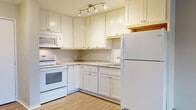 This upgraded 1-bedroom, 1-bathroom unit offers a thoughtfully renovated interior spread across a single floor. The kitchen serves as a standout feature, showcasing white shaker-style cabinetry that extends to the ceiling for generous storage, granite-patterned countertops, and a stainless steel sink. White appliances, including a range with microwave above and a full-size refrigerator, are complemented by warm wood-look luxury vinyl plank flooring and track lighting overhead, creating a bright and functional cooking space. The open layout connects the kitchen to the living area, which transitions to plush carpeting. The living room is generously sized, featuring a sliding glass door that opens to an outdoor balcony with views of surrounding trees, allowing natural light to fill the space. A built-in shelving unit near the entryway provides additional storage. The bedroom is a comfortable, well-proportioned room with soft carpeting and a large window offering pleasant outdoor views. The bathroom features a single-sink vanity with a granite-style countertop, a mirrored medicine cabinet, wood-look tile flooring, and a walk-in shower with built-in shelving and grab bars for added accessibility.