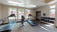 This fitness center is a thoughtfully designed, single-floor facility built to support a wide range of workout routines. The space makes an immediate impression upon entry, featuring a soaring vaulted ceiling with an arched transom window above the main door, a ceiling fan, and sidelights that invite natural light into the entryway. The flooring throughout is covered in multi-toned carpet tiles, lending a clean and modern aesthetic across the entire space.

The cardio zone is well-appointed, housing multiple treadmills and an upright stationary bike, all positioned near large windows that offer views of the surrounding outdoor landscape, creating an airy and motivating atmosphere for cardio workouts. A designated strength and resistance area complements the cardio section, featuring a multi-function cable machine, an adjustable weight bench, and two elliptical trainers.

For free weight training, a dedicated rack holds a comprehensive set of dumbbells in varying weights, conveniently located near additional cardio equipment for an efficient workout flow. A functional training corner rounds out the facility, stocked with medicine balls, resistance accessories, and a rowing machine. Built-in shelving provides storage for towels and personal items. The space benefits from ample overhead fluorescent lighting throughout, ensuring the entire facility is well-lit at all times.