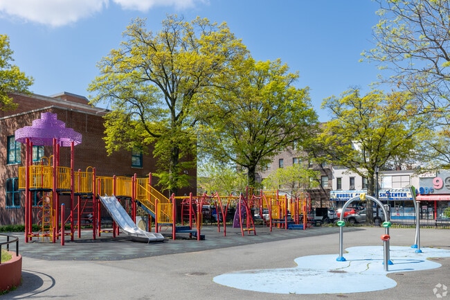 Nostrand Playground, East Flatbush, includes a playground, a floral-themed sprinkler garden.
