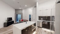 Located at 8400 Delmar Blvd in University City, Missouri, this thoughtfully designed one-bedroom, one-bathroom residence offers a contemporary aesthetic throughout. Soaring ceilings amplify the sense of space in the open-concept living and kitchen area, where light-toned hardwood-style flooring runs seamlessly underfoot. The modern kitchen is a standout feature, equipped with stainless steel appliances including a French door refrigerator and range, a bold two-tone cabinet scheme pairing crisp white uppers with dark lower cabinetry, a dark tile backsplash, and a white waterfall-edge island with bar seating—ideal for dining or casual entertaining. The living room is bright and airy, with a sliding glass door that opens to a private balcony, bringing in natural light and outdoor access. The bedroom offers a calm retreat with plush carpeting, elevated ceilings, and a window with views. The bathroom is elegantly finished with dark marble-style tile flooring, a glass-enclosed walk-in shower with large-format grey tile, a floating white vanity, and matte black fixtures throughout. Additional conveniences include two closets, a dedicated laundry area, a utility room, and an entrance hallway, completing this well-appointed residence.