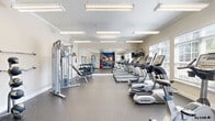 Located at 2945 Elam Rd in Murfreesboro, Tennessee, this fitness center offers a well-appointed, single-room workout facility designed to support a range of exercise routines. The space is finished with durable speckled rubber flooring throughout, providing both safety and easy maintenance for high-traffic use.

Bright, suspended fluorescent lighting illuminates the entire room, complemented by natural light flowing in through multiple windows fitted with slatted blinds. Crown molding adds a refined architectural touch to the otherwise functional interior. A large wall-to-wall mirror along one side visually expands the space and allows users to monitor their form during exercise.

The cardio zone lines the windowed wall and features a row of True-brand treadmills and elliptical trainers, each equipped with individual display consoles. A stationary bike rounds out the cardiovascular offerings. On the strength side, the facility includes a multi-function cable machine, an adjustable weight bench, a full dumbbell rack with varying weights, and a medicine ball rack. A stability ball and additional accessories are also available.

A bold blue, red, and tan geometric accent wall serves as a visual focal point at one end of the room, with a wall clock and framed informational displays mounted within it. A wall-mounted flat-screen television provides entertainment during workouts. The space is accessible via a glass-panel exterior door, offering a direct connection to the outdoors.