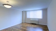 This single-floor space presents a clean, straightforward layout designed for functional living. The main living area is finished with warm-toned hardwood flooring that runs throughout, providing a grounded, natural aesthetic that contrasts neatly with the bright white ceiling and neutral beige walls. Crown molding lines the upper perimeter of the room, adding a subtle architectural detail that elevates the overall finish of the space.

A large, wide window fitted with white vertical blinds serves as the focal point of the main room, allowing an abundance of natural light to fill the interior. The blinds offer adjustable light control while maintaining a clean, uniform appearance. Beneath the window sits a baseboard heating unit, ensuring warmth is efficiently distributed throughout the space during colder months.

White baseboards frame the perimeter of the room, complementing the neutral color palette and contributing to a cohesive, well-maintained appearance. The open wall space and uncluttered layout offer flexibility for a variety of furniture arrangements. Overall, the space presents a simple, move-in ready environment with practical finishes and ample natural light.