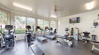 This fitness center is designed to support a comprehensive workout experience within a single, open floor plan. The space is framed by large windows on multiple walls, flooding the interior with natural light and offering views of lush greenery, mature trees, and a nearby pool area. The bright, neutral-toned walls are complemented by crown molding and smooth ceilings fitted with flush lighting fixtures and a ceiling fan, contributing to a clean and airy atmosphere.

The cardio zone is well-appointed with multiple treadmills, an elliptical trainer, and a stationary recumbent bike, all positioned to take advantage of the garden views outside. A wall-mounted flat-screen television provides entertainment during workouts. The strength training area occupies an adjacent section of the room, equipped with a multi-function cable machine, a weight bench, and a rack of dumbbells in varying sizes. Exercise balls and weighted medicine balls are neatly stored on a dedicated rack along the wall.

Full-length mirrors line one wall, visually expanding the space and allowing users to monitor their form. The durable, dark rubberized flooring throughout provides both safety and comfort. Glass-paneled doors offer direct access to the outdoors, further enhancing the connection to the surrounding landscape and promoting natural ventilation.
