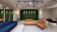 The Clinton Flats Lounge is a thoughtfully curated communal space located in Newark, NJ, designed to blend comfort and contemporary style. The single-floor layout is organized into distinct seating and gathering zones, each with its own character while maintaining a cohesive design language throughout.

The most striking architectural feature is a floor-to-ceiling living green wall, framed by a graceful arched alcove and backlit to highlight the lush botanicals. The Clinton Flats branding is prominently displayed at its center, creating a memorable focal point upon entry. Arched doorways and curved architectural details are carried throughout the space, lending a soft, refined elegance to the neutral, warm-toned walls.

Seating is diverse and inviting, encompassing leather sofas, a rocking chair, woven egg chairs, and velvet accent seating arranged across patterned and polished tile flooring. A round glass-top dining table with modern black chairs sits beneath a cluster of pendant lights, offering an intimate setting for smaller gatherings. Tall indoor plants add organic warmth throughout. Adjustable track lighting and gold wall sconces provide layered illumination, enhancing the lounge's welcoming and upscale ambiance.