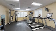 This fitness center is designed to support a comprehensive workout experience within a compact, single-level layout. The room features a drop-panel ceiling with recessed fluorescent lighting, warm beige walls, and durable dark rubber flooring throughout, creating a clean and functional environment. Natural light enters through multiple windows fitted with white horizontal blinds, enhancing the bright atmosphere alongside the overhead lighting.

The cardio section is well-appointed with multiple True-brand treadmills and elliptical trainers, along with a stationary cycle, providing ample options for aerobic exercise. A wall-mounted flat-screen television is positioned for viewing during workouts. A wall-mounted fan offers additional air circulation.

The strength training area includes a multi-functional cable machine and a dedicated weight bench paired with a rack of dumbbells in graduated sizes. A selectorized leg press/extension machine provides additional resistance training options. For functional fitness, the space offers a medicine ball rack stocked with various weighted balls, stability balls, and a water cooler station for hydration. Two entry doors provide convenient access. The overall layout is organized and spacious, allowing users to move freely between equipment zones.