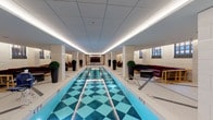 This single-level aquatic facility is defined by its centerpiece lap pool, finished with a bold teal-and-white checkerboard tile pattern that creates a visually striking focal point. The pool area is flanked by white structural columns and bathed in warm, recessed ambient lighting embedded within a sleek drop ceiling, giving the space a polished, upscale character. Along the pool's perimeter, lounge seating with dark upholstered sofas and chairs is arranged for relaxation, while tall sculptural planters with manicured topiaries add organic contrast to the crisp white palette. White brick and stone wall finishes reinforce the clean, contemporary aesthetic throughout.

Entry to the pool hall is through glass-panel double doors framed in white, offering a preview of the luminous interior beyond. The surrounding support spaces, including changing or ancillary rooms, are finished with large-format cream wall tiles and light marble-toned floor tiles accented by dark inlay borders. These transitional areas maintain the facility's consistent refined tone and include functional details such as floor drains and utility access doors with stainless steel hardware. Together, the spaces form a cohesive, high-end aquatic environment designed for both athletic use and leisurely relaxation.