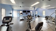 This well-equipped fitness center at 1501 S Highland Ave in Fullerton, California, offers a comprehensive workout environment spread across a single floor. The space is divided into distinct functional zones, each designed to support a variety of exercise routines.

The cardio area features multiple treadmills, elliptical trainers, and stationary bikes, all positioned beneath vaulted ceilings with a ceiling fan to promote airflow. A row of windows along the walls allows natural light to fill the room, creating an inviting atmosphere. Wall-mounted televisions provide entertainment during workouts.

The strength training area is anchored by a multi-station cable machine and is complemented by a full dumbbell rack, medicine balls, and an adjustable workout bench. A large floor-to-ceiling mirror lines one wall, enhancing the sense of space and allowing users to monitor their form. Recessed fluorescent lighting ensures the area remains well-lit throughout.

Throughout the facility, durable rubber flooring provides traction and impact absorption, making it suitable for a wide range of exercises. The walls are painted in a calming periwinkle blue, contributing to a clean and energizing aesthetic. The layout is open and spacious, allowing for comfortable movement between equipment zones, making this fitness center a functional and practical amenity.