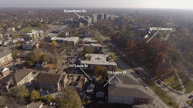 Aerial and location to MSU Campus - 113 Louis St