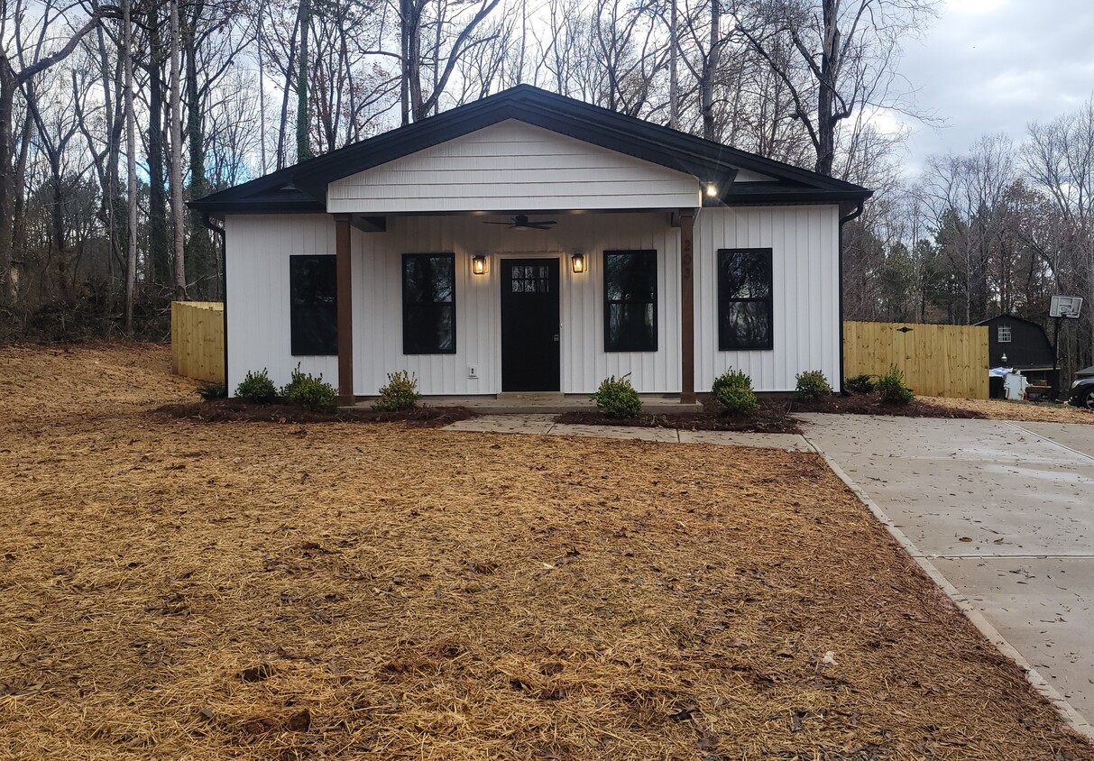 Covered front porch with ceiling fan and double car parking pad driveway - 203 Payne St