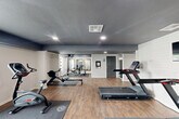 This dedicated fitness center offers a thoughtfully designed exercise space that accommodates a full range of workout needs. The room features durable wood-look flooring throughout, complemented by a neutral color palette of crisp white walls and a dark gray ceiling that gives the space a modern, polished aesthetic. Recessed lighting provides bright, even illumination across the entire floor plan.

The cardio section is well-stocked, featuring multiple Star Trac treadmills, an elliptical trainer, a stationary bike, and a rowing machine — offering ample options for aerobic training. A wall-mounted flat-screen television is positioned facing the treadmills for entertainment during workouts. A wall-mounted industrial fan ensures proper air circulation throughout the space.

The strength training area includes a cable/weight machine designed for lower back and multi-muscle exercises, a weight bench, and an organized storage rack for additional equipment. Full-length mirrors are positioned to allow users to monitor their form during exercise. Protective rubber mats are placed beneath equipment to safeguard the flooring and provide stability.

Natural light filters in through several windows fitted with blinds, creating an inviting atmosphere. The space also includes clearly marked entry and exit doors, making it both functional and safely accessible.
