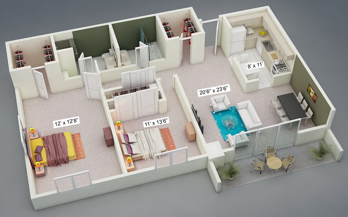 Yorktown Towers – Two Bedroom Two Bath Corner and Side Suite