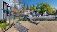 Located at 7849 Sunrise Blvd in Citrus Heights, California, this outdoor communal pool area offers a well-maintained and inviting recreational environment. The centerpiece is a generously sized swimming pool with clear turquoise water, accessible via built-in handrail entries and surrounded by a wide concrete pool deck. Adjacent to the pool is a covered patio structure with an open-air design, featuring exposed beam ceilings and ample space for seating and gathering — ideal for relaxing in the shade during warm California days. Poolside lounge chairs are positioned throughout the deck area, providing comfortable spots to unwind. A security fence encloses the pool area, ensuring a safe and private environment. The surrounding landscape is enriched by mature tall trees, including prominent pines that frame the sky and contribute to a serene, park-like atmosphere. The multi-story residential buildings visible in the background feature a distinctive architectural style with gray and blue vertical board siding, red trim accents, pitched rooflines, and circular window details. The combination of the sparkling pool, shaded lounge areas, and lush natural surroundings makes this outdoor space a functional and appealing community amenity in the heart of Citrus Heights.