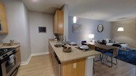 This single-floor residence offers a thoughtfully designed open-concept layout that integrates the kitchen, dining, and living areas into one cohesive, flowing space. The kitchen is equipped with warm wood cabinetry, granite countertops, and a peninsula that doubles as a breakfast bar — ideal for casual dining or meal prep. A stainless steel sink and pendant lighting above the peninsula add functional and aesthetic detail to the space. Light hardwood-style flooring runs throughout, lending a clean, contemporary feel and visually expanding the interior. The soft blue-gray wall tones complement the natural wood tones of the cabinetry, creating a calm and inviting atmosphere. The adjacent dining area accommodates a full table and seating, while the living area beyond provides comfortable space for relaxing or entertaining. Ambient lighting from a floor lamp enhances the warm, welcoming character of the space. The open design ensures a connected feel throughout, making this one-bedroom, one-bathroom residence both practical and pleasant to occupy.