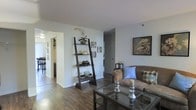 This single-floor residence showcases a welcoming living room anchored by rich, dark hardwood flooring that runs throughout the space. The living area is furnished with a comfortable upholstered sofa accented with decorative throw pillows in blue and patterned tones, complemented by a glass-top coffee table that adds a modern touch. A standout decorative element is the dark wood leaning ladder shelf, which serves as both a functional storage piece and a visual focal point, styled with a potted orchid, ceramic vases, and small decorative objects. Neutral white walls keep the space feeling bright and clean, while framed botanical and abstract artwork adds personality. An open passageway leads to a dining area and additional rooms, suggesting a practical, connected floor plan. A secondary hallway with a door visible in the background hints at private spaces such as bedrooms or a bathroom. The overall ambiance is casual yet tastefully styled, with a cohesive neutral and earth-toned palette that creates a warm, inviting atmosphere throughout the home.
