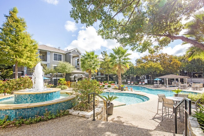 Swimming pool with water feature surrounded by lush landscape - Nolina Flats
