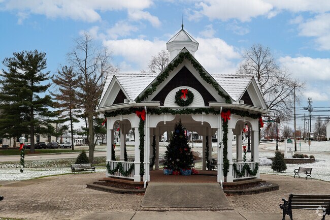 The gazebo in the center of Aurora is decorated for the winter holidays.
