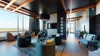 This stylish single-floor lounge space delivers a refined blend of contemporary design and inviting comfort. The layout is anchored by dramatic floor-to-ceiling windows that flood the interior with natural light and frame expansive panoramic views of the surrounding skyline and treetops, creating a bright, airy atmosphere throughout.

The space is divided into several thoughtfully arranged seating areas, each with its own distinct character. A central lounge zone features a curved teal sectional, accent armchairs in deep jewel tones, and a glass-top coffee table, all set atop a patterned area rug beneath a bold oversized pendant light. Nearby, intimate seating clusters with plum-toned chairs and sleek pedestal tables are positioned directly against the window wall, ideal for taking in the views.

Architectural detail is a defining feature, with rich dark wood-clad ceiling panels, exposed beam coffering with warm timber accents, and a dramatic floor-to-ceiling geometric metal screen partition that elegantly delineates zones while maintaining visual openness. A wall-mounted television is set against a textured geometric tile backsplash, flanked by a built-in kitchenette complete with a sink, beverage refrigerator, and oven. Warm hardwood flooring runs throughout, complementing the deep teal, charcoal, and mustard color palette. Curated artwork and sculptural lighting complete the sophisticated, hospitality-grade aesthetic.