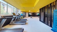 Located at 950 28th St in Boulder, Colorado, this well-appointed fitness center offers a spacious, single-floor layout designed to accommodate a comprehensive range of workout activities. The facility's most striking architectural feature is its bold yellow ceiling, which runs throughout the space and lends an energetic, vibrant ambiance to the environment. Large windows line the perimeter walls, flooding the interior with natural light and providing views of the surrounding greenery, creating an inviting atmosphere for exercise.

The floor plan is thoughtfully organized into distinct zones. The cardio section is equipped with a full row of treadmills, elliptical machines, stair climbers, and stationary cycling bikes. Adjacent to this area, a dedicated strength training zone features an extensive selection of free weights, including multiple dumbbell racks, barbells, and a variety of weight benches. Selectorized cable and resistance machines are distributed throughout, catering to both targeted muscle training and full-body workouts.

Mirrored walls in the free weights area enhance the sense of openness, while a sleek dark divider partition creates visual separation between workout zones. Additional amenities include a medicine ball station, stability balls, resistance accessories, and a bank of secure lockers near the entrance. Flush linear lighting and a light-colored floor complement the modern, clean aesthetic of this fully equipped fitness facility.