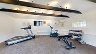 This dedicated fitness space is housed within a charming structure defined by a vaulted, cathedral-style ceiling adorned with bold, dark exposed beams that run the length of the room, adding architectural character and visual depth. The walls are clad in crisp white shiplap paneling, lending the space a clean, bright aesthetic that is complemented by durable, neutral-toned carpet flooring throughout.

Natural light filters in through windows and a set of double glass doors, which open to the outside and enhance the airy, open feel of the room. Track lighting mounted along the beams provides targeted illumination for all areas of the space. A wall-mounted flat-screen television serves as an entertainment focal point, ideal for workout motivation.

The fitness area is thoughtfully outfitted with a comprehensive selection of equipment, including a treadmill, an elliptical trainer, a stationary cycle, and an adjustable weight bench. A multi-function cable machine supports strength training, while a dedicated dumbbell rack with a full range of free weights rounds out the strength offerings. A wall-mounted mini-split HVAC unit ensures year-round climate comfort. The overall ambiance is functional yet polished, making this an inviting and practical space for a full range of fitness activities.