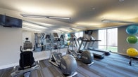 This modern fitness center is designed to support a comprehensive workout experience within a single, thoughtfully organized floor. The space is outfitted with a robust selection of Precor cardio equipment, including elliptical trainers and treadmills, arranged to allow comfortable spacing between machines. A wall-mounted television provides entertainment during workouts. Full-length mirrors line the walls, visually expanding the space and allowing users to monitor their form during exercise. Large windows along one side of the room flood the interior with natural light, creating an open and energizing atmosphere. The flooring features a durable, multi-toned striped pattern well-suited for high-traffic fitness use. Overhead, modern linear lighting fixtures provide consistent, even illumination throughout the room. Additional strength and functional training equipment is visible along the perimeter, offering a variety of workout options. The clean, neutral color palette — combining soft grays and whites — lends the space a professional and contemporary aesthetic. Overall, the fitness center is well-maintained and efficiently laid out, making it a functional and inviting environment for daily exercise.