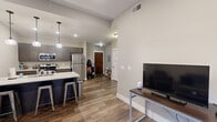 This thoughtfully designed one-bedroom, one-bathroom unit in Youngstown, Ohio offers a contemporary open-concept layout that maximizes its efficient footprint. Wood-style flooring flows throughout the main living areas, complemented by neutral gray walls and recessed lighting that create a clean, modern aesthetic.

The kitchen is a standout feature, equipped with stainless steel appliances — including a refrigerator, range, and microwave — dark wood cabinetry, and light marble-style countertops. A kitchen island with bar seating provides additional prep space and casual dining. Pendant lighting above the island adds a stylish touch.

The living room benefits from large windows that bring in natural light and views of the surrounding urban streetscape, with a ceiling fan adding comfort. The bedroom is a well-proportioned retreat, featuring dual windows with roller shades, plush carpeting, and ample room for furnishings.

The entrance foyer provides a welcoming transition into the space, with easy access to all rooms. The layout flows intuitively from the entrance through to the open kitchen and living area, with the bedroom and bathroom privately situated off the main corridor. This unit combines functional design with modern finishes, making it a well-appointed urban residence.