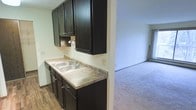 This single-story space showcases a functional layout where the kitchen transitions openly into the living area, creating a connected and practical flow. The kitchen is equipped with dark espresso-toned cabinetry, offering generous upper and lower storage. A double-basin stainless steel sink sits beneath the upper cabinets, paired with laminate countertops in a warm neutral tone. The wood-look vinyl flooring in the kitchen provides a durable and easy-to-maintain surface. The adjacent living area features wall-to-wall carpeting in a light beige tone, contributing to a warm and comfortable atmosphere. Neutral-painted walls throughout create a clean, versatile backdrop suitable for a variety of interior styles. The open sightline between the kitchen and living space enhances the sense of openness, making the overall layout feel cohesive and welcoming. The unit presents a straightforward and practical design, ideal for those seeking functional living with ample storage and easy-to-maintain finishes.