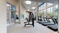 Located at 787 NW 43rd Ave in Miami, Florida, this fitness center is a thoughtfully designed, single-level facility offering a comprehensive workout environment. The space is divided into distinct functional zones, each tailored to a specific type of exercise.

The main workout area is characterized by soaring ceilings and expansive floor-to-ceiling windows that flood the space with abundant natural light. These large glass walls frame views of a resort-style outdoor pool surrounded by lush tropical palms and landscaping, creating an energizing atmosphere. Large circular pendant light fixtures complement the recessed lighting throughout. The open layout accommodates a wide array of cardio machines, including treadmills, ellipticals, and a rowing machine, alongside a well-appointed selection of strength-training cable machines and a multi-functional Smith machine station. Strategically placed wall mirrors enhance the sense of openness.

A separate enclosed studio room provides a dedicated space for cycling classes, equipped with Schwinn spin bikes and a full wall of mirrors. Colorful medicine balls and resistance equipment are neatly organized along the studio walls. Flooring throughout varies by zone, featuring speckled rubber flooring in primary areas and patterned carpet tile in the strength section, ensuring both safety and functionality.