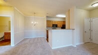 Located at 4000 Walden Way in Flowery Branch, GA, this single-story home offers a thoughtfully organized floor plan across a cozy yet functional layout. The open-concept kitchen and dining area form the heart of the home, where warm honey-toned wood cabinetry pairs with granite-look countertops and black appliances, including a refrigerator and built-in microwave. The kitchen flows seamlessly into the dining area, which is accented by crown molding, chair rail detailing, and an elegant chandelier overhead. Soft, neutral-toned carpet extends through the living and dining areas, creating a warm and cohesive feel. The bedroom is a generously sized retreat featuring a ceiling fan, a large window that invites natural light and outdoor views, and plush carpet underfoot. Crown molding adds a refined architectural detail to the space. The bathroom includes a full tub-shower combination with white tile surround, chrome fixtures, and warm hardwood flooring. A dedicated laundry room provides added convenience with hookups and wire shelving overhead. Two hallways connect the rooms efficiently, and a closet offers additional storage. Throughout the home, clean white trim, neutral walls, and hardwood flooring in utility areas contribute to a clean, classic aesthetic.