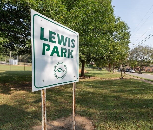 Lewis Park contains ball fields, a basketball court, and a playground