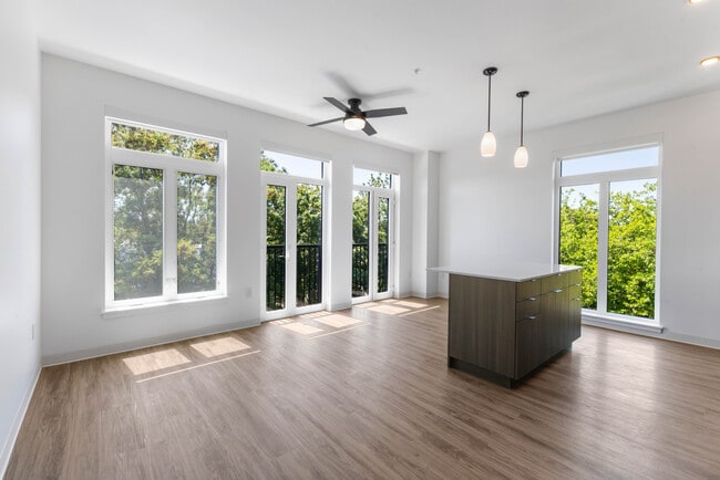 629 C5 One Bedroom Kitchen Island and View - The Hub at 629