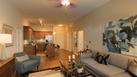 This single-floor space is designed around an open-concept layout that seamlessly connects the living, dining, and kitchen areas into one cohesive environment. The living area is anchored by a comfortable sectional sofa, a glass-top coffee table, and a patterned area rug, creating an inviting and functional gathering space. A ceiling fan with an integrated light fixture provides both ambiance and airflow overhead.

The kitchen is positioned at the rear of the open floor plan and features rich, warm-toned wood cabinetry, dark countertops, and stainless steel appliances, including a refrigerator with a built-in dispenser. A kitchen island with bar seating serves as a natural divider between the cooking and living spaces, offering both additional prep space and casual dining. Track lighting along the kitchen ceiling ensures the workspace is well-lit.

Hardwood flooring runs throughout the main living area, adding warmth and continuity. A hallway visible from the main space leads to additional rooms, suggesting a practical and well-organized floor plan. The overall ambiance is warm and modern, enhanced by layered lighting and tasteful décor throughout.