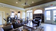 This inviting single-floor space is designed with both comfort and style in mind. The lounge area immediately draws attention with its distinctive tray ceiling, accented by recessed lighting and a sleek ceiling fan that enhances the room's airy, open feel. Warm, neutral wall tones complement the rich, dark-stained hardwood-style flooring and the plush area rug that anchors the seating arrangement.

The main gathering area is furnished with generous dark leather sofas and armchairs, arranged around a wooden coffee table to create an ideal setting for conversation or relaxation. A prominent fireplace serves as a focal point on one wall, flanked by built-in shelving units finished in dark tones, adding both functionality and architectural character.

Natural light flows generously into the space through multiple windows, including a striking arched transom window above the entryway that adds a refined architectural touch. French doors provide direct access to the outdoors, further brightening the interior. A small dining or refreshment area is visible in the background, complete with pendant lighting, offering an additional functional zone within the space. Overall, the layout and finishes create a warm, polished ambiance suited for communal gathering and everyday use.