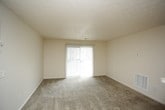 This single-floor residential unit offers a straightforward and functional layout designed for comfortable everyday living. The living room is generously sized, featuring neutral-toned wall-to-wall carpeting, a textured ceiling, and a large sliding glass door fitted with vertical blinds that allows abundant natural light to fill the space. An entry door with a light switch panel completes the room.

The kitchen is positioned in an open-concept arrangement, accessible via a pass-through counter that connects it to the living area. It is equipped with a white electric range, a range hood, and warm-toned wood cabinetry providing ample upper and lower storage. A double sink is integrated into the counter, and track lighting overhead ensures the workspace is well-lit. The kitchen floor features wood-look vinyl, contrasting with the carpeted living area.

The bedroom is a comfortable, carpeted room with neutral walls and a textured ceiling. A sliding closet with organized rod storage provides practical wardrobe space, and a window offers natural light and an exterior view.

The bathroom features wood-look vinyl flooring and includes a long vanity with a single sink, a large mirror with overhead lighting, and a toilet. A towel bar and additional door access provide convenience and privacy. Overall, the unit presents a clean, functional design with consistent neutral finishes throughout.