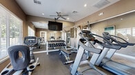 This fitness center is a thoughtfully designed, single-floor facility that offers a comprehensive range of equipment to support both cardio and strength training. The space is divided into distinct functional zones, each catering to different workout needs.

The cardio area is well-stocked with multiple treadmills, elliptical machines, and recumbent bikes from Cybex, positioned to take advantage of large, natural-light-filled windows overlooking a landscaped outdoor area. A ceiling fan provides additional airflow and comfort during workouts, while a wall-mounted flat-screen television offers entertainment.

The strength training section features a multi-functional cable machine ideal for a wide variety of resistance exercises, along with a full rack of hex dumbbells spanning a wide weight range, accompanied by an adjustable workout bench. Wall-to-wall mirrors throughout the space enhance the sense of openness while allowing users to monitor their form.

The interior is finished with warm taupe walls, rubber flooring for safety and durability, and recessed lighting. Decorative metal wall art adds a modern aesthetic touch. French doors provide access to an adjoining area, and large windows throughout ensure the space remains bright and connected to the outdoors. Overall, the fitness center balances functionality with a clean, modern design.
